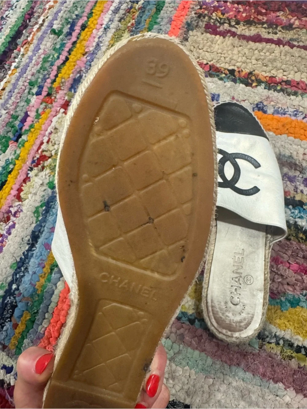 CHANEL White and Black Leather Espadrille Mules